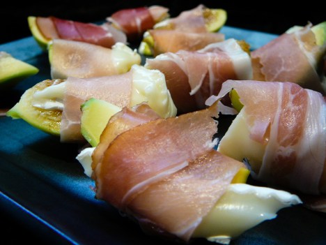 proscuitto wrapped figs served The big fig gets the smokiest meat