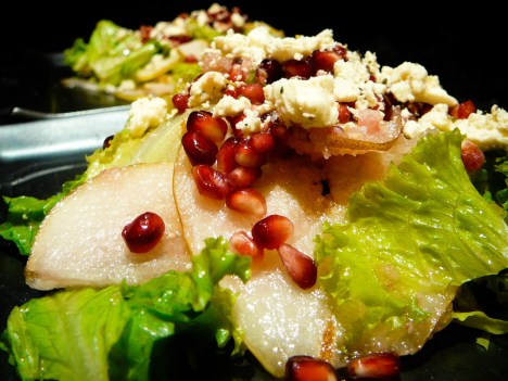 pomegranate feta pear salad served